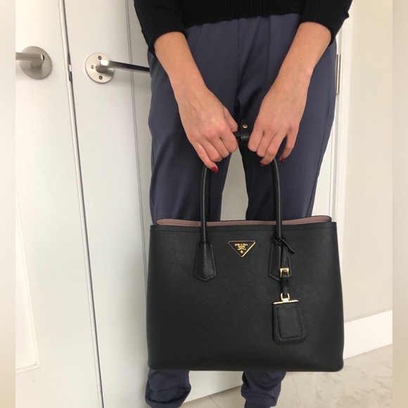 Prada Handbags - Prada  Large Black Saffiano Leather Bag with Gold Hardware